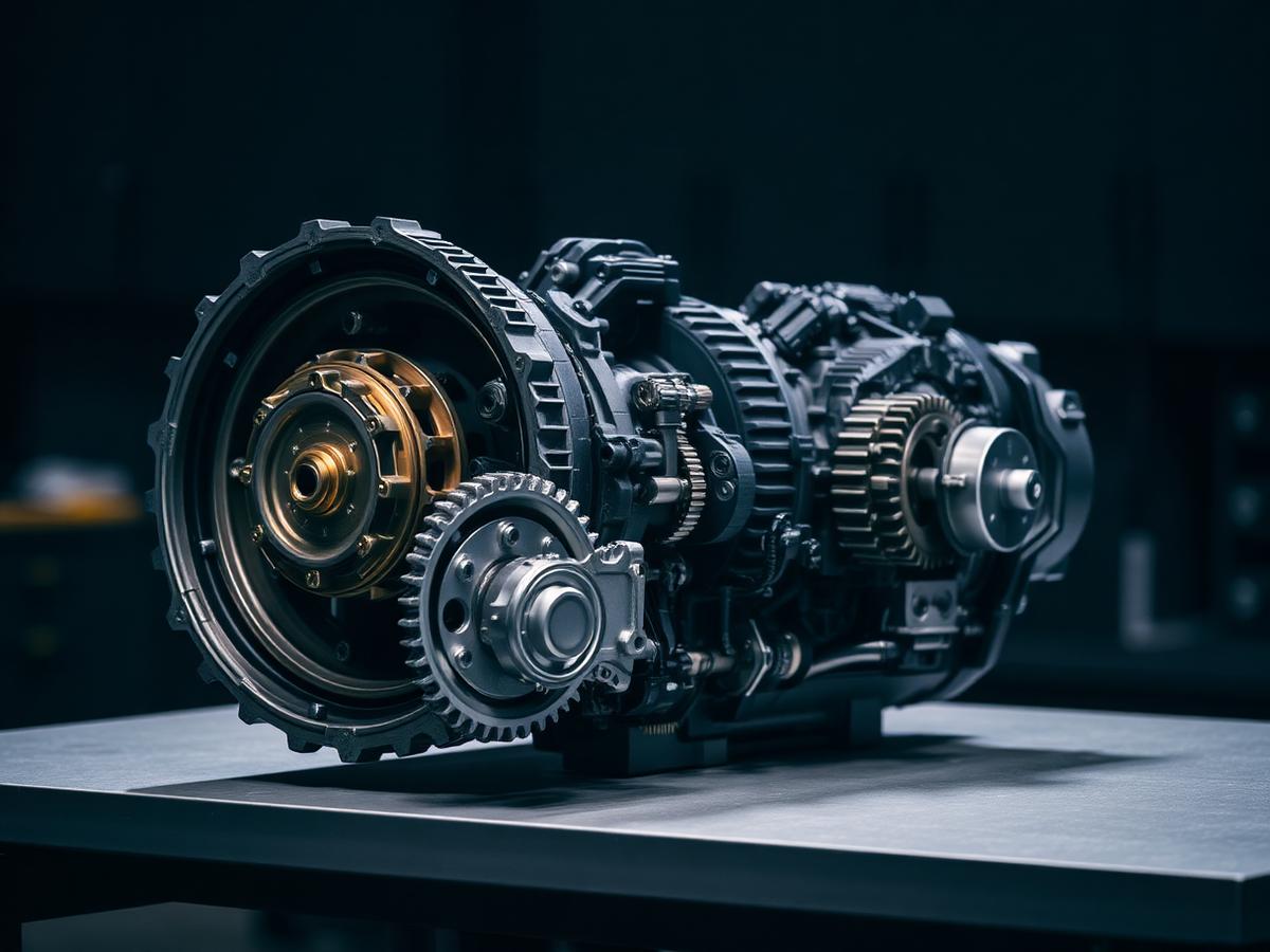 A detailed view of a disassembled automotive transmission